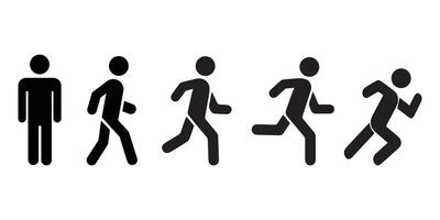 Set of black color pictograms. Person standing upright, walking, running, sprinting. vector