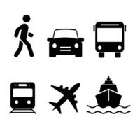 Transport icons set. Auto, bus, train, ship, plane and on foot. Public, travel and delivery transport icons. vector