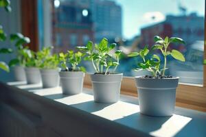 Small green plants in white pots on sunny windowsill, natural light. Indoor garden and kitchen garden concept on windowsill, spring seedlings photo