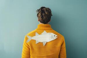 man in a yellow sweater stands with his back to the camera, a paper fish taped to his back. A playful nod to April Fools Day, symbolizing humor, pranks, and lighthearted fun photo