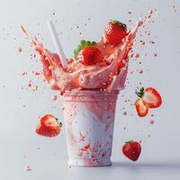 Milk dynamic splashes from a glass of strawberry smoothie with a straw with strawberries on a white background. Healthy drink rich in vitamins photo