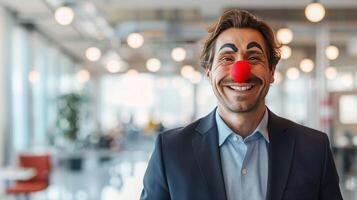 A cheerful businessman with a red clown nose and painted eyebrows celebrates April Fools' Day in the office. A joke, a prank on colleagues at work photo