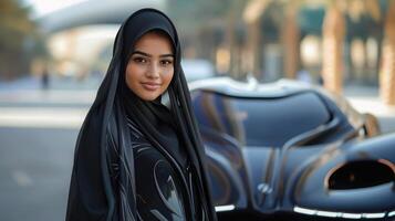 Young Arab woman in elegant black hijab smiles confidently in front of futuristic luxury car. Sophistication, modernity and cultural pride in urban setting photo