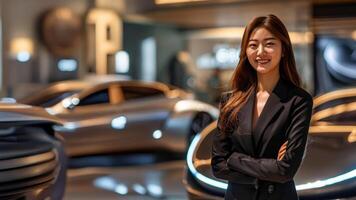 Young asian woman in business suit at car show, with modern futuristic car model with blue backlight in the background photo