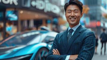 A respectable Asian man businessman in a suit is standing on the street, looking at the camera, smiling against the background of a new modern luxury car. Prestige, style and innovative technology photo