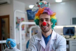 A cheerful dentist in a clown colored wig with a red nose celebrates April Fools Day in a dental clinic. Joke and prank on Fools Day photo