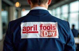 businessman in a suit with an April Fools' Day sign taped to his back, standing in a contemporary office. A lighthearted prank that embodies the playful and trickster nature of April 1st photo