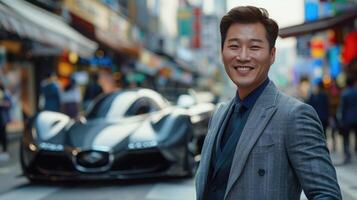 Young asian businessman in suit standing on street with new modern luxury car in background. Prestige, style and innovative technologies in mechanical engineering photo