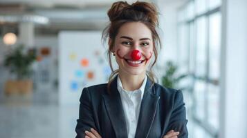 Cheerful businesswoman with red clown nose and painted smile celebrates April Fools' Day in the office. Joke, prank on colleagues at work photo