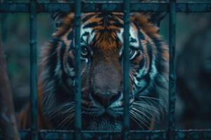 A tiger peers through the bars of its enclosure, its piercing eyes reflecting strength and sadness. The importance of preserving wildlife and the plight of animals in captivity. photo
