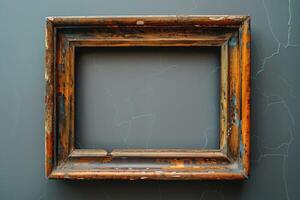 old wooden picture frame with peeling paint and scratches against cracked grey wall with empty copy space. Empty frame mockup for text and your image photo