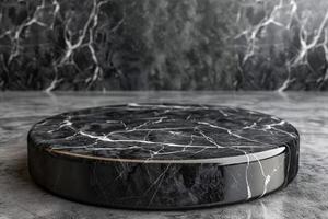 luxurious round black marble pedestal with elegant white veins, set against a dark marble background. Perfect for product display, branding, or interior design concepts with a touch of sophistication photo