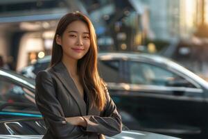 Young Asian woman in business suit at car show building demonstrates new generations of cars of the future. Modern technologies photo
