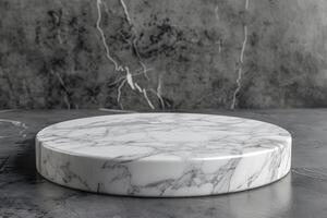 Luxurious round white marble pedestal with elegant dark veins on marble background. Suitable for product display, branding or interior design concepts with a touch of sophistication photo