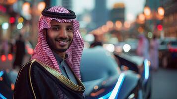 Young Arab man in traditional keffiyeh and elegant black robe stands confidently on busy city street at night with luxury car in background photo