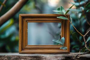 Wooden photo frame empty in nature surrounded by green leaves and branches. Blurred background symbolizing creativity, imagination and open space for possibilities. Mockup with copy space