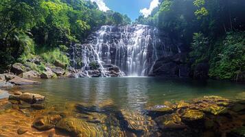 Beautiful tropical waterfall cascading into a clear pool surrounded by lush jungle on a sunny day, perfect for travel, adventure, and nature relaxation themes photo