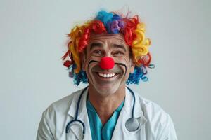 A cheerful doctor in a white coat with a stethoscope put on a colored wig and a red clown nose celebrating April Fools Day. A joke and prank on April 1. Copy space photo