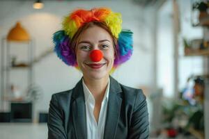 Smiling young businesswoman in colorful bright wig with red clown nose standing in the middle of office. Joke and prank for April Fools Day. photo