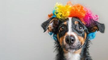 Funny dog in colorful clown wig on light background with copy space celebrates April Fools Day. Jokes and pranks with pets on April 1 photo