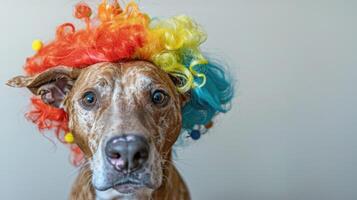 funny dog in colorful clown wig on light background celebrates April Fools Day. Joke and prank on April 1. Copy space for text photo