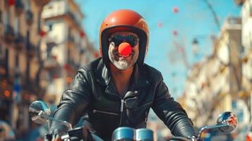 A cheerful biker in a helmet with a red clown nose in a leather jacket rides through the city celebrating April Fools Day on April 1 photo