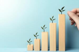 Growth chart diagram wooden blocks on a table with copy space. Business growth process, finance and the concept of improving the economy. photo