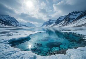 Arctic tundra's and lake merges with frozen landscape. photo