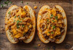 Cheesesteak sandwiches with orange cheddar sauce, caramelized onions top view. photo