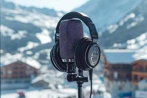 Podcasting and radio concept with retro microphone and headphones. photo