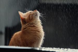 Cat looking up on the falling rain. photo