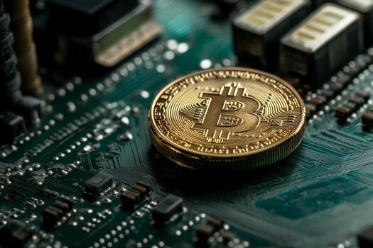 Bitcoin coin against the backdrop of a digital board. photo