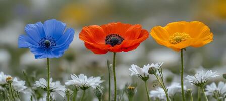 Three poppies are standing in a field of white and blue flowers photo