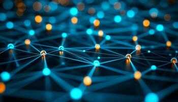 Glowing Network Abstract, Symmetrical Design, Geometric Pathways, Cyan and Orange on Dark Background photo