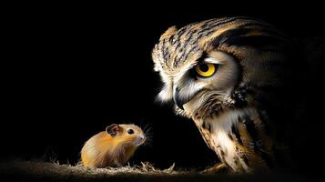 Owl and Mouse Face Off Dramatic Predatory Stance on Black Background, Wildlife Encounter photo