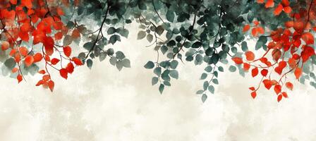 Watercolor of leaves in red and green tones on a textured ivory background, nature inspired design. photo
