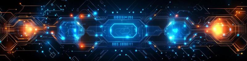 Futuristic Circuit Board With Glowing Nodes, Intricate Design on Dark Background, Tech Illustration photo