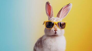 Stylish Bunny in Yellow Sunglasses A Fashionable Rabbit Posing on a Colorful Background photo
