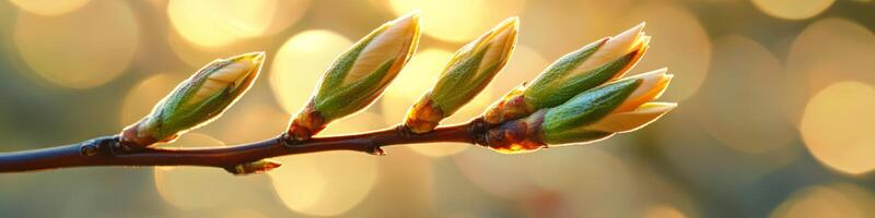 Spring Green Buds Blossom on Branches. Blooming Tree Branches against Bokeh Background photo