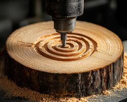 CNC Router Engraving Spiral on Cherry Wood Precision Craftsmanship for Custom Logo Design, Close-Up photo