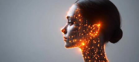 Abstract Profile of a Digital Face with a Glowing Circuit Pattern on a Light Gray Background photo