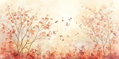 Fall, Autumn Leaves Background. Watercolor Illustration Orange, Red, Gray Minimalist Style photo