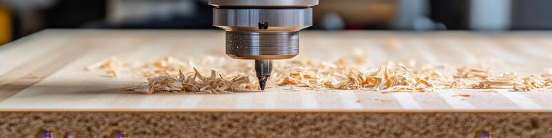 Close-up Of Industrial CNC Router Cutting Wood Woodworking, Carpentry, And Manufacturing Concept. photo