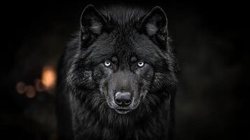 Portrait of a Majestic Black Wolf with Piercing Blue Eyes In a Moody Forest, Wildlife Photography. photo