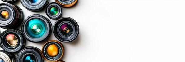 Variety Of Photography Lenses On A White Background. Photography Equipment With Copy Space, Banner. photo