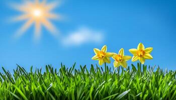 Three Yellow Daffodils, Sun, And Blue Sky On Sunny Day. Spring Flower Background With Copy Space photo
