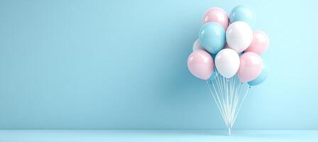 Pastel Dream A Beautiful Cluster of Pink and Blue Balloons Floating on a Soft Cyan Background photo