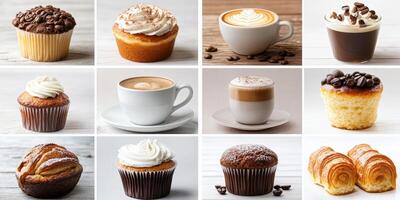 Assortment of Delicious Freshly Baked Pastries and Aromatic Coffee Drinks on Neutral Background photo