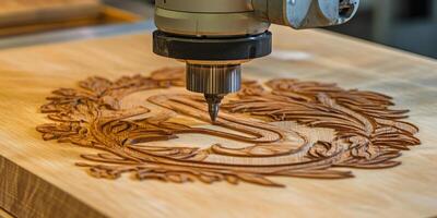 CNC Router Engraving Intricate Company Design on Wood Product, High Resolution Detail photo