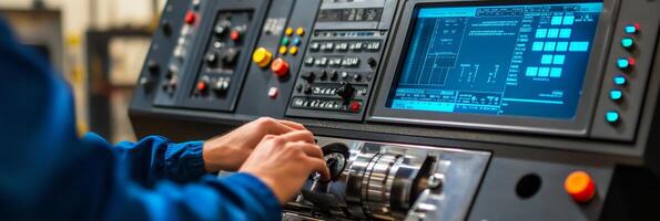 Skilled CNC Operator Adjusting Controls, Precision Machining in Action, Industrial Workshop Setting photo